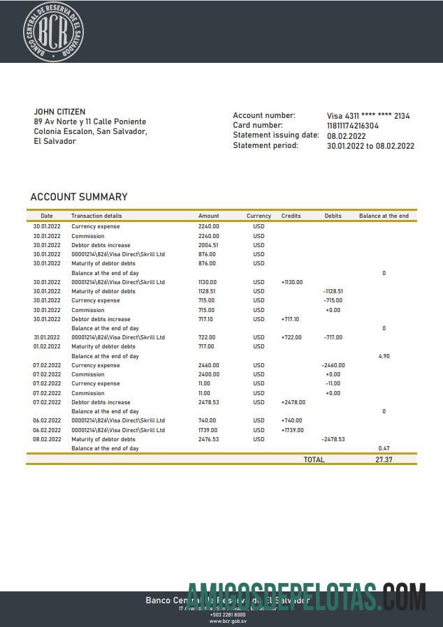 Salvador Banco Central De Reserva De El Salvador Bank Statement examplo